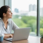 Mujer aplicando la regla 20-20-20 y mirando por la ventana para descansar la vista tras usar el portátil