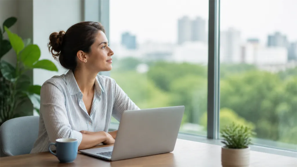 Mujer aplicando la regla 20-20-20 y mirando por la ventana para descansar la vista tras usar el portátil